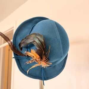 Blue Felt Hat with Feather Accent